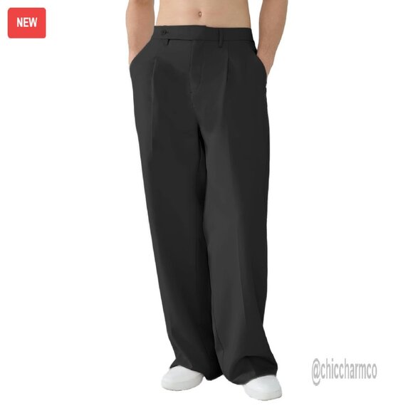 Men's Wide Leg Pleated Dress Pants Elastic Waist Wrinkle Resistant